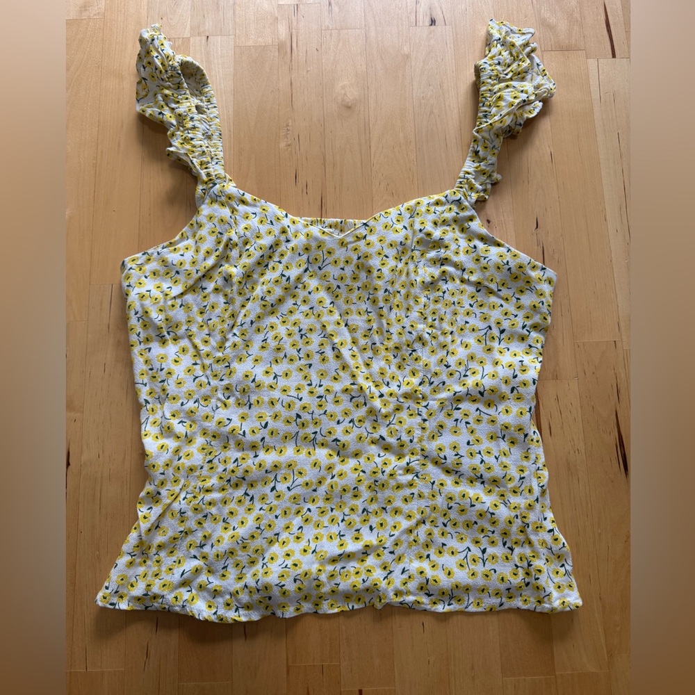 H&M Yellow Floral Back Ruched Sleeveless Tank Top